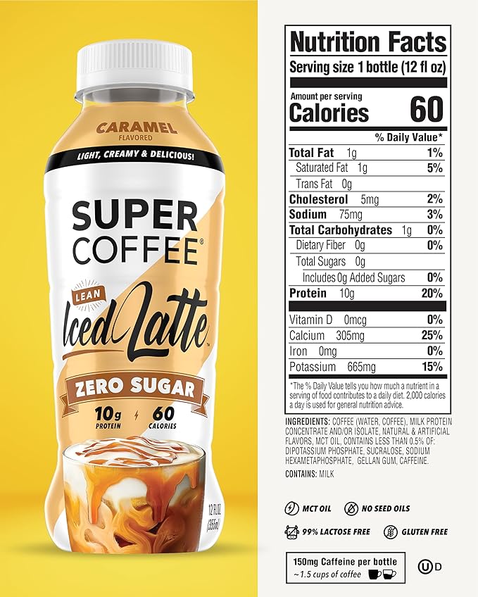 SUPER COFFEE Keto Protein Coffee (0g Added Sugar 10g Protein 70 Calories) [Caramel] 12 Fl Oz 12 Pack | Iced Smart Coffee - SoyFree GlutenFree