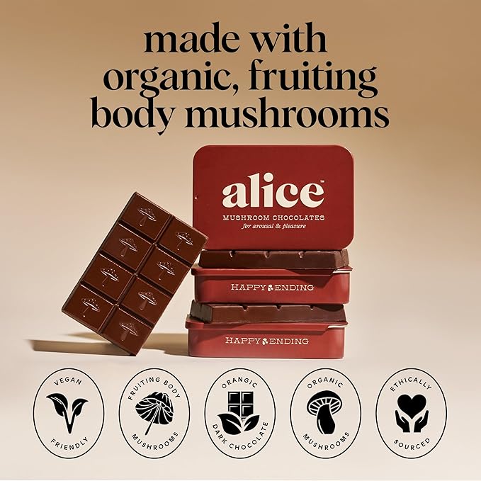 Alice Mushrooms Happy Ending | Sensual Mushroom Chocolates | Improves Mood Performance Vitality Energy and Engagement | Cordyceps Ashwaganda Cayenne Cinnamon &amp More
