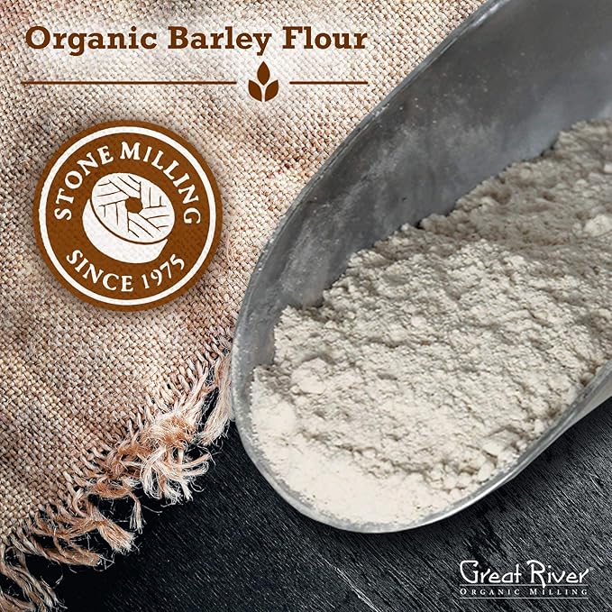 Great River Milling Organic Barley Flour | Unbleached Unbromated Non-GMO Kosher | High Fiber Nutty Flavor Perfect for Breads Pancakes &amp More | 25 Lb
