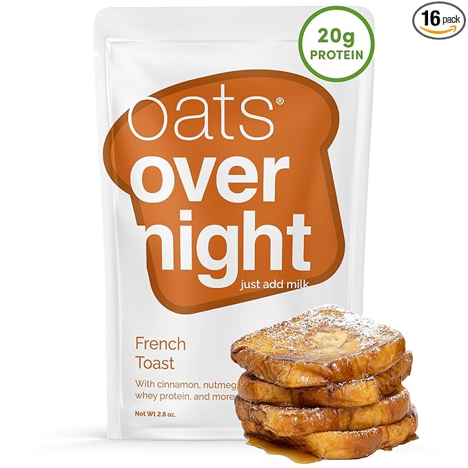 Oats Overnight French Toast - Overnight Oats with 20g Whey Protein High Fiber Breakfast Protein Shake - Gluten Free Oatmeal Non GMO High Protein Oatmeal (2.7 oz per Meal) (16 Pack)
