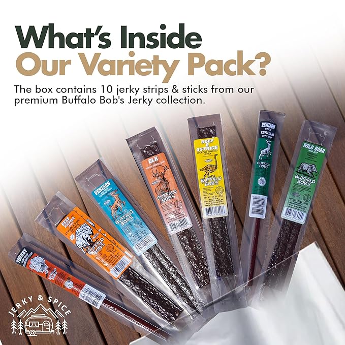 Buffalo Bob’s Wild Game Jerky (10-Pack) | Premium Exotic Meat Sampler Gift Pack | Includes Buffalo Elk Venison Ostrich Wild Boar Camel Alligator Jerky | Ideal for Trips Camping &amp Hiking