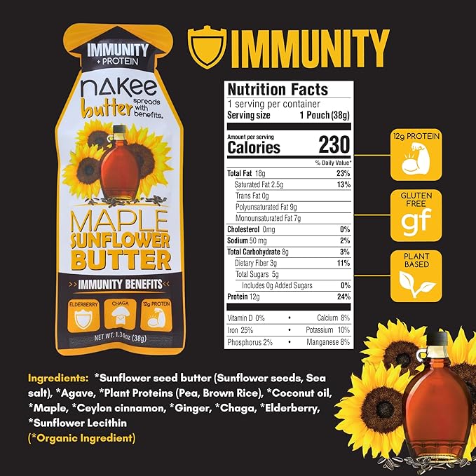 Nakee Butter Immunity Holiday Maple Sunflower Seed Butter – Keto High-Protein Low-Carb Spread with 12g of Protein 12 Pack Gluten-Free