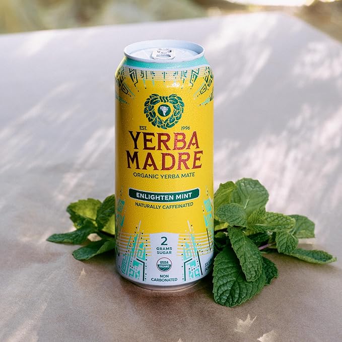 Yerba Madre Organic Yerba Mate Energy Drink Alternative Lower-Sugar Enlighten Mint 150mg Plant Based Caffeine Smooth Energy &amp Focus No Jitters or Crash 15.5oz Cans (Pack of 12)