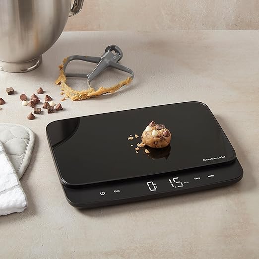 KitchenAid KQ917 High Capacity Glass Surface Digital Kitchen and Food Scale 30 Pound Capacity and Precision Grams Ounces Pounds Fluid Ounces &amp Milliliters LED Tare Function Black