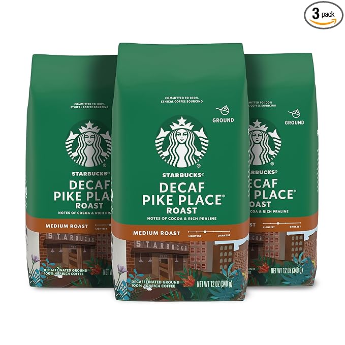 Starbucks Ground Coffee Medium Roast Coffee Decaf Pike Place Roast 100% Arabica 3 bags (12 oz each)