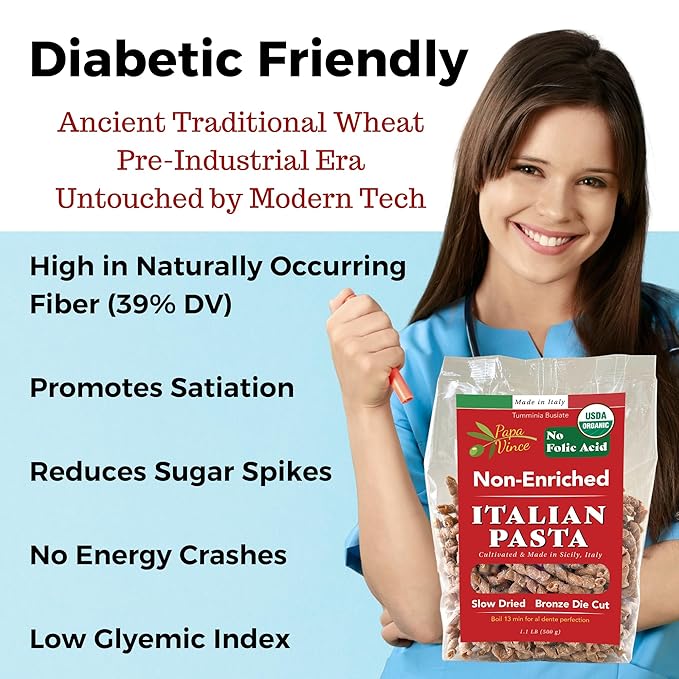 Papa Vince Organic Italian Pasta - Imported Whole Wheat Heirloom Grain from Italy: Non-Enriched Bronze Die-Cut High Fiber Slow Carb Slow-Dried Artisan Busiate Pasta Made in Italy