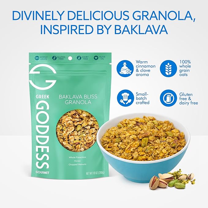 Greek Goddess Gourmet Baklava Bliss Granola with Pistachios Walnuts Wildflower Honey Cinnamon &amp Clove 100% Whole Grain Oats &amp Olive Oil – Healthy Greek-Inspired Gluten Free Granola 10oz