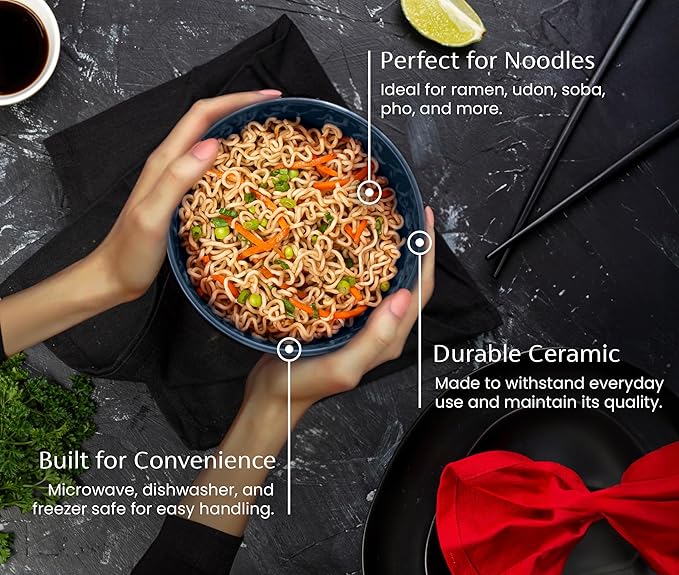 KooK Ramen Bowl Japanese Bowls Noodle Bowls Large Soup Bowl Ceramic Large Capacity For Ramen Pho Udon Soba Microwave and Dishwasher Safe 34 oz Set of 4 (Black/Navy)