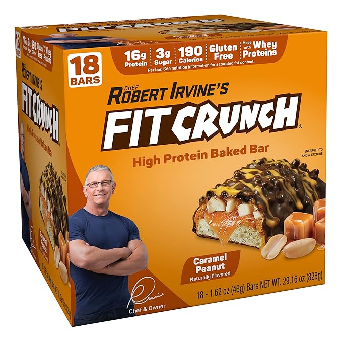FITCRUNCH Snack Size Protein Bars 6-Layer Baked Bar 3g of Sugar &amp Soft Cake Core (18 Bars Caramel Peanut)