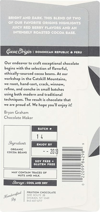 Fruition Chocolate Works 100% Dark Chocolate Bar 2.12 Oz