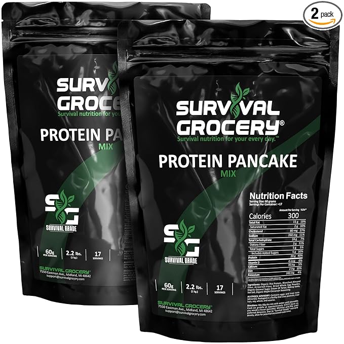 Survival Grocery® Protein Pancake Mix - High Protein (20g) Balanced Macros (15g Fat 14g Net Carbs) Organic Pea Protein Base - Gluten-Free Dairy-Free Just Add Water (2 kg / 2 Bags)