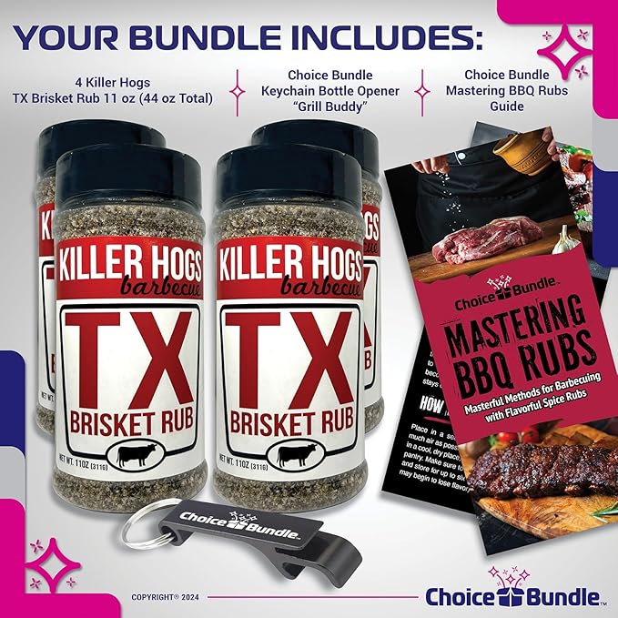 Killer Hogs TX Brisket Rub - Texas Style Premium BBQ Seasoning 4 pk (44 oz) + Barbecue Masters &amp Bottle Opener (6 Items)!
