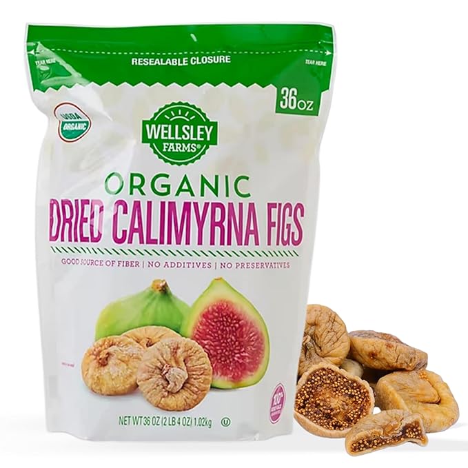 Wellsley Farms Organic Dried Calimyrna Figs - Naturally Sweet High Fiber Snack - No Sugar Added Dried Figs - Gluten-Free Vegan Kosher - Organic Dried Fruit for Snacking Baking - 36oz Resealable Bag