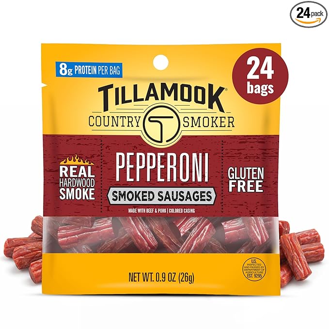 Tillamook Country Smoker Pepperoni Smoked Sausages 0.9 oz 24 Count Made with Beef &amp Pork Real Hardwood Smoked Protein-Packed Satisfying Taste On-the-Go Snacking