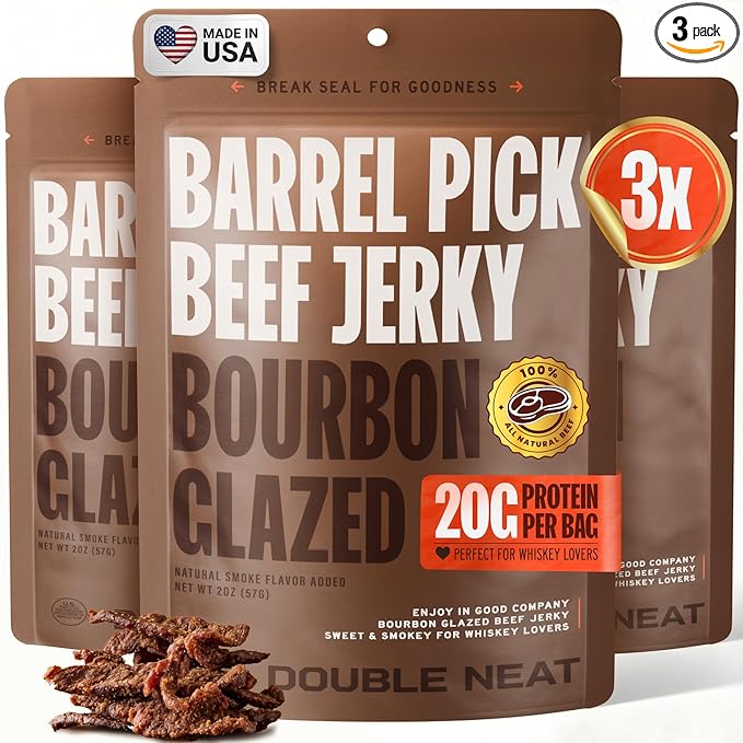 Double Neat Barrel Pick Bourbon Glazed Beef Jerky – Gluten Free – Whiskey Infused Sweet and Smokey High Protein Healthy Snacks – Low Sodium – Gourmet Easter Beef Jerky Gifts for Men – 2 Ounces Each