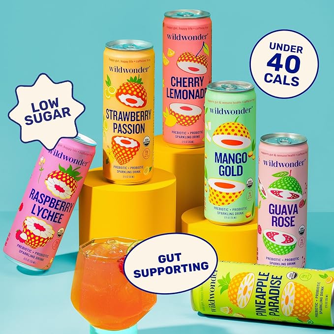 wildwonder Sparkling Probiotic Drink 12pk for Gut Health &amp Immune Support Guava Rose 5 G Prebiotic Fiber Live Probiotics Organic Vegan Low Sugar 12 Pack 12 Oz Can As Seen on Shark Tank