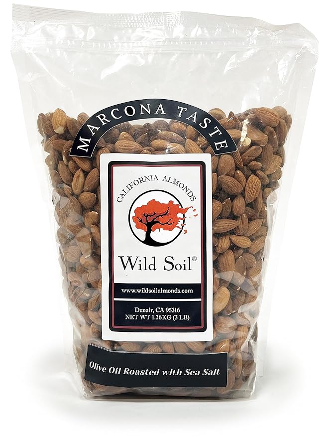 Wild Soil Terra Preta Almonds - Higher Protein and Higher Vitamin E Than Other Almonds Marcona Like Taste Olive Oil Roasted with Sea Salt Beyond Organic: Eco Farmed with Proprietary Root Technology