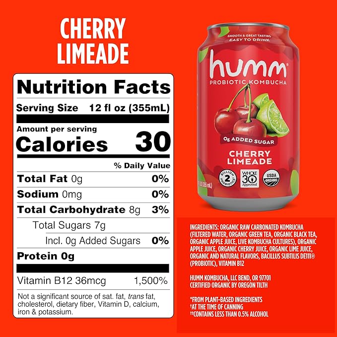 Humm Whole30 Approved Kombucha Cherry Limeade Organic Vegan &amp GMO Free (24 Pack)