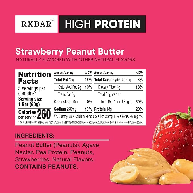 RXBAR High Protein Bars Gluten Free Protein Snacks Strawberry Peanut Butter (6 Boxes 30 Bars)