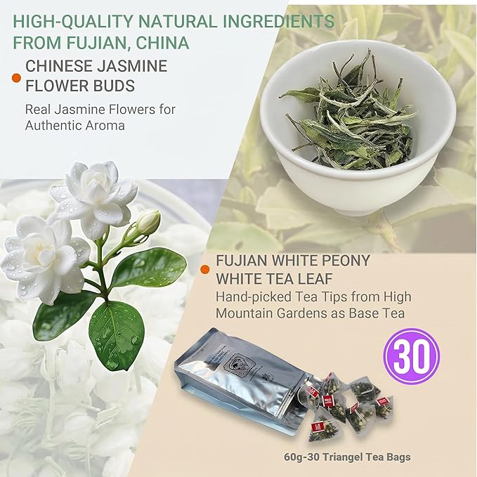 ADMIRINGAZELAND Jasmine White Tea Bags - 30 Count Fujian White Peony Leaf &amp Real Jasmine Flowers Blend with Pyramid Bags Morning &amp Afternoon Chinese Tea Gift for Women &amp Men 2.1oz