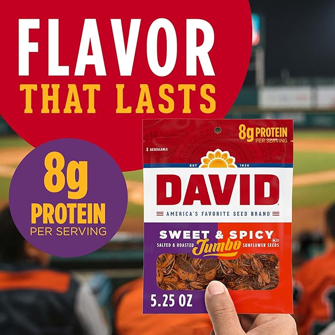 DAVID Roasted and Salted Sweet and Spicy Jumbo Sunflower Seeds Keto Friendly 5.25 oz 12 Pack