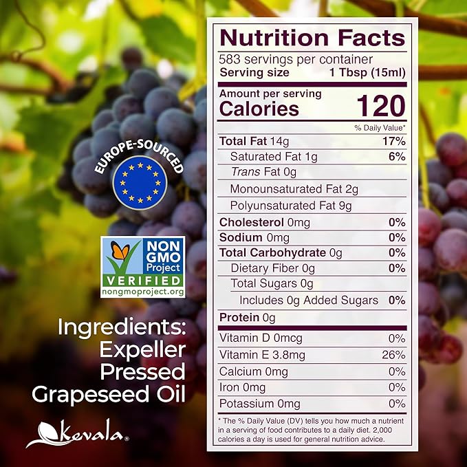 Kevala Grapeseed Oil - Made with a Premium Selection of Grapes Great for Cooking and Baking Enhances Freshness of Vegetables in Salads Powerful Addition to Daily Skincare Bulk Size 17.5 lb