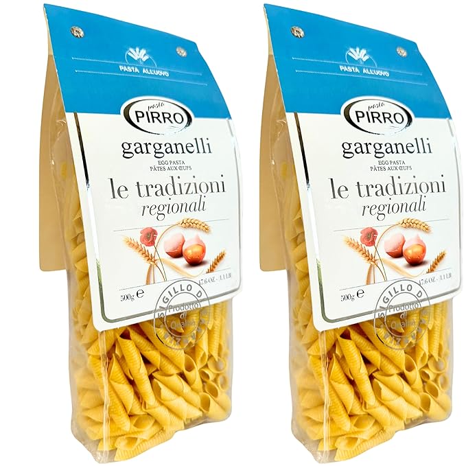 Pasta Pirro Garganelli Egg Pasta from Italy 17.6 oz. (500g)(Pack of 2) Imported Egg Penne Noodles - Authentic Slow Dried - Made with Premium Durum Wheat Semolina - Similar to Ziti - Gemelli