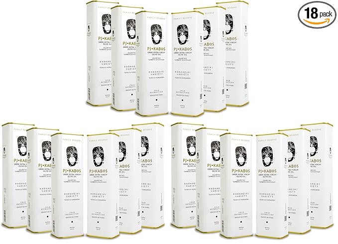 P.J. KABOS 2024/25 Harvest High Phenolic (450+mg/kg) Premium Greek Extra Virgin Olive Oil Kosher Greece Cold Extracted 6 x 16.9 oz Tin Koroneiki Family Reserve - Medium (Pack of 3)