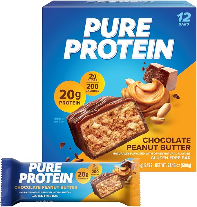 Pure Protein Chocolate Protein Shake &amp Bars High Protein Nutritious Snacks to Support Energy Low Sugar Gluten Free Chocolate Peanut Butter 1.76oz 12 Count (Packaging May Vary)