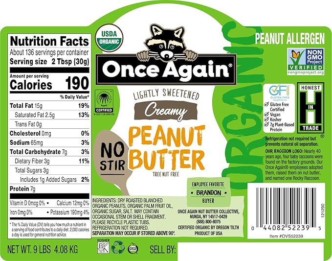 Once Again Organic Creamy Peanut Butter 9lb Bucket (same as 9 jars) - No Stir - Lightly Sweetened &amp Salted - USDA Organic Gluten