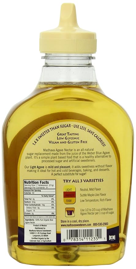 MADHAVA Organic Light Agave 23.5 oz. Bottle |100% Pure Organic Blue Agave Nectar | Natural Sweetener Sugar Alternative | Vegan | Organic | Non GMO | Liquid Sweetener(Pack of 6)