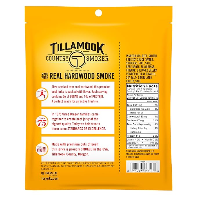 Tillamook Country Smoker Original Beef Jerky Zero Sugar 14g Protein per Serving Gluten Free 2.2 Ounce (Pack of 12)