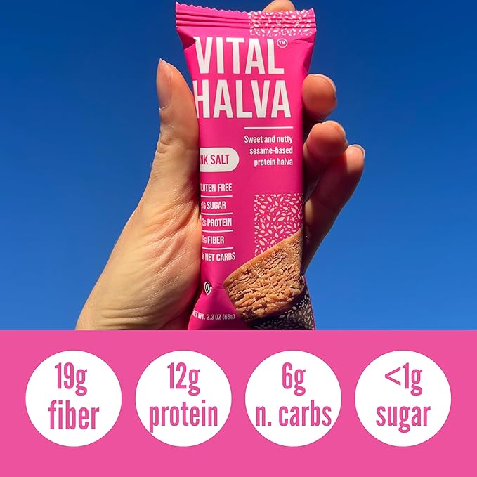 Vital Halva Gut-Friendly Sesame Bar 19g Fiber 12g Protein &lt1g Sugar Gluten-Free Vegan Snack - Pink Salt 65g (Box of 10)