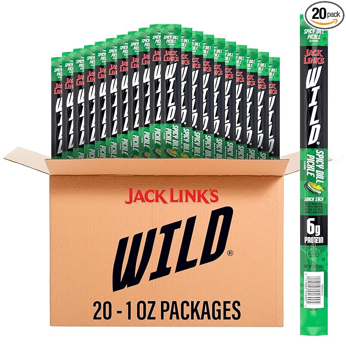 Jack Link's WILD Spicy Dill Pickle Meat Sticks - Ready to Eat Protein Snacks - 6g Protein per Serving - (20 Pack) 1 oz Meat Snacks