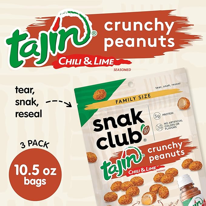 Snak Club Tajin Crunchy Peanuts Nuts with Chili and Lime Seasoning Mild No Artificial Colors or Flavors 10.5 oz Resealable Bags 3 Pack