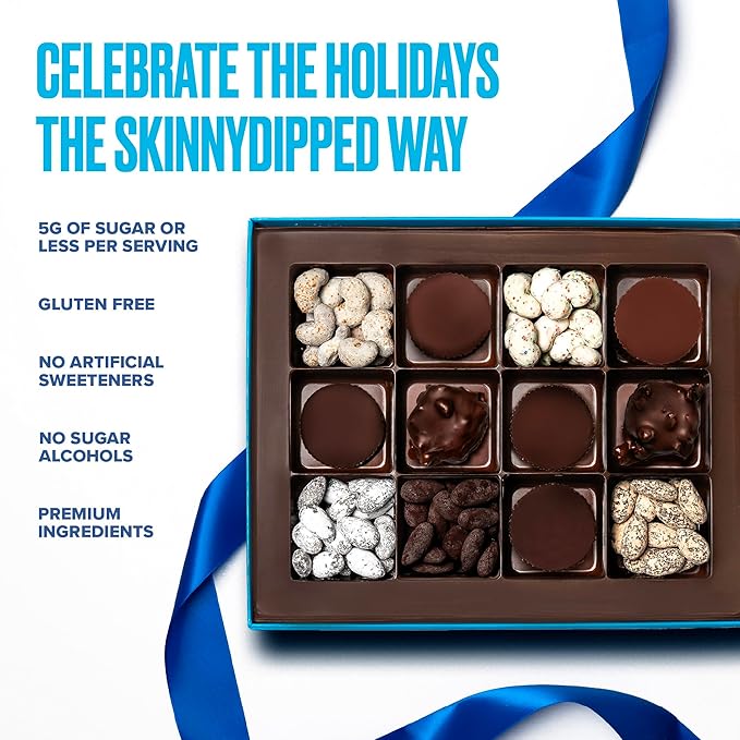 SkinnyDipped Cups &amp Bites | Low Sugar Low Carb Keto Friendly &amp Gluten Free | Holiday Gift Box – Assorted Chocolate &amp Nut Variety Pack