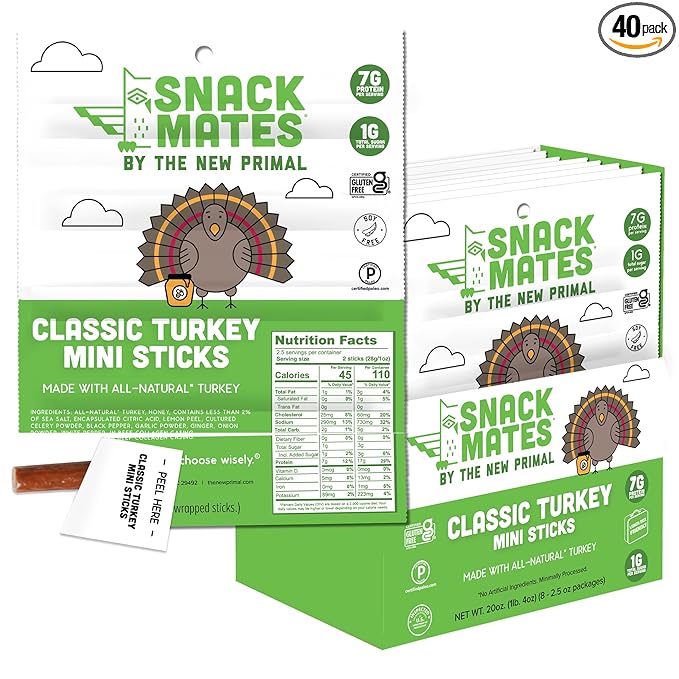 New Primal Snack Mates Turkey Sticks Gluten Free Healthy Snacks for Kids Low Sugar High Protein Back to School Snacks Mini Paleo Jerky Meat Stick 7g Protein 45 Calories 40 Pack