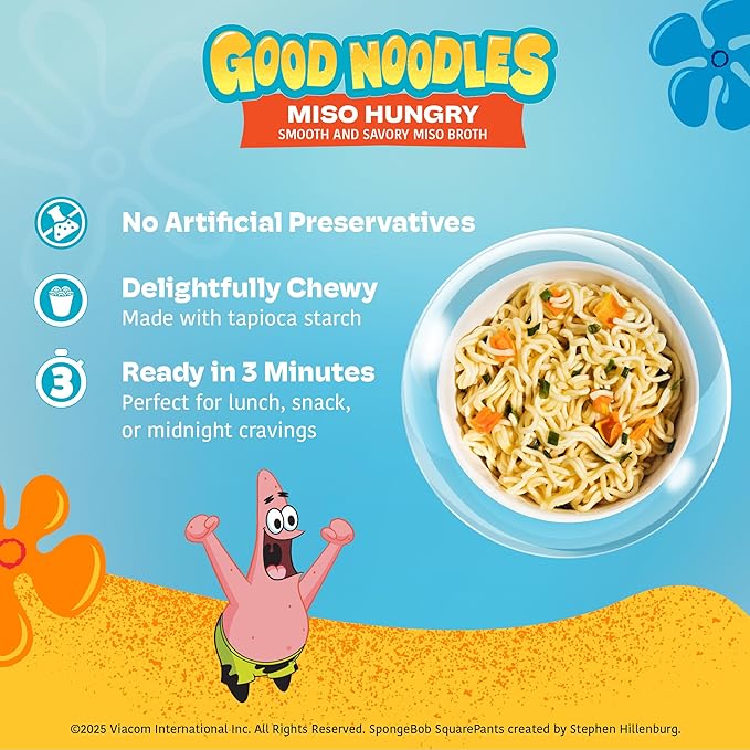 A-Sha &amp SpongeBob Squarepants Good Noodles (6 Pack) | Patrick Star Miso Hungry Flavor | Better For You Microwaveable Ramen Soup Mix