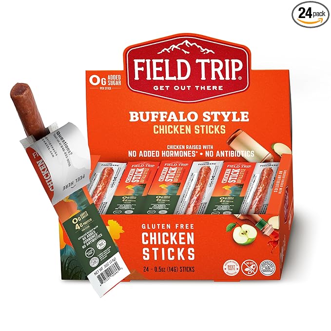 Field Trip Hormone Free Spicy Buffalo Chicken Jerky Snack Sticks Zero Sugar Keto Paleo Gluten Free Allergy Friendly Snack High Protein 25 Calorie Snack 0.5oz 24 Pack