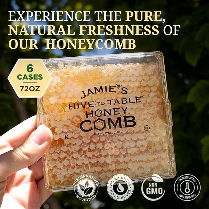 Jamie's Hive To Table 100% Raw Honeycomb 72 Oz (Pack of 6) – All-Natural Pure Georgia Honeycomb – Fresh Georgia Honeycomb with Bee Pollen and Propolis No Additives or Preservatives Non-GMO