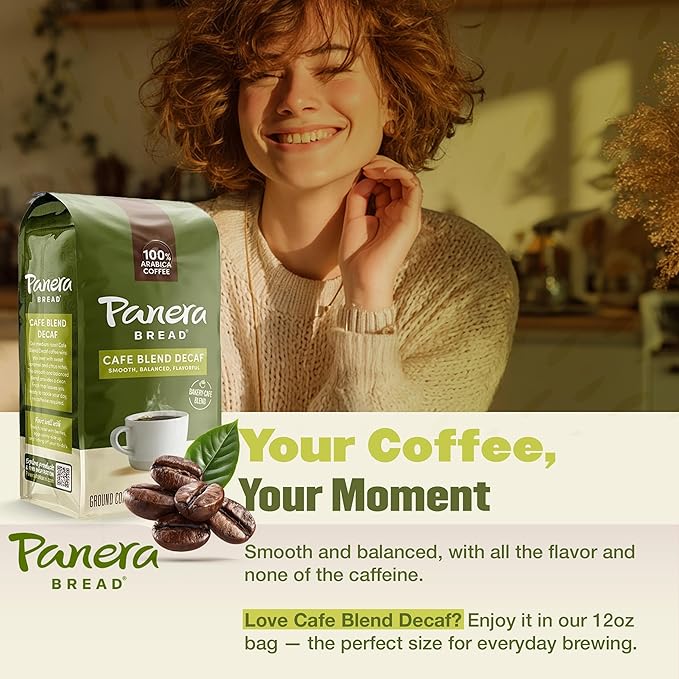 Panera Cafe Blend Decaf Ground Coffee - Medium Roast Decaf Coffee with Sweet Caramel &amp Citrus Notes - 100% Arabica Decaffeinated Ground Coffee - Smooth Balanced No Bitter Taste - 12oz Bag