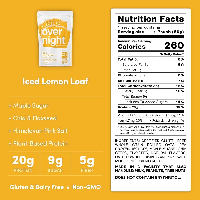 Oats Overnight Iced Lemon Loaf - Overnight Oats with 20g Plant-Based Protein High Fiber Breakfast Protein Shake - Vegan Gluten Free Oatmeal Non GMO High Protein Oatmeal (2.4 oz per Meal) (16 Pack)