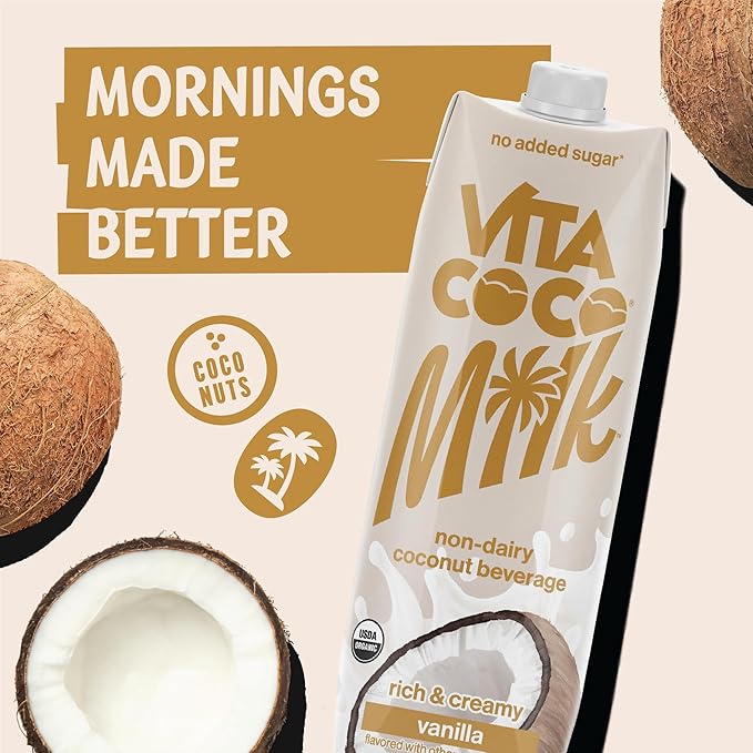 Vita Coco Vanilla Organic Coconut Milk Plant Based Dairy Free Milk Alternative - Gluten Free Soy Free and Unsweetened - Perfect Add to Cereal Smoothies Desserts -33.8 Fl Oz (Pack of 6)