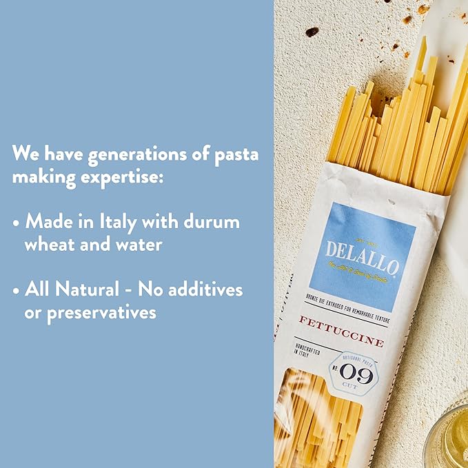 DeLallo Fettuccine Pasta Made in Italy Bronze Cut Made with Only 100% Durum Wheat Semolina Flour All Natural Kosher Vegan Non-GMO 1 Pound Bag (8 Pack)