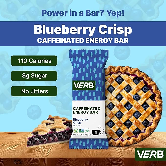 Verb Caffeinated Energy Bars Blueberry Crisp (26g Pack of 16) 110-Calorie Delicious Low Sugar Energy Bar - Vegan Gluten Free On-the Go Snack with 80mg Green Tea Caffeine Only Real-Food Ingredients