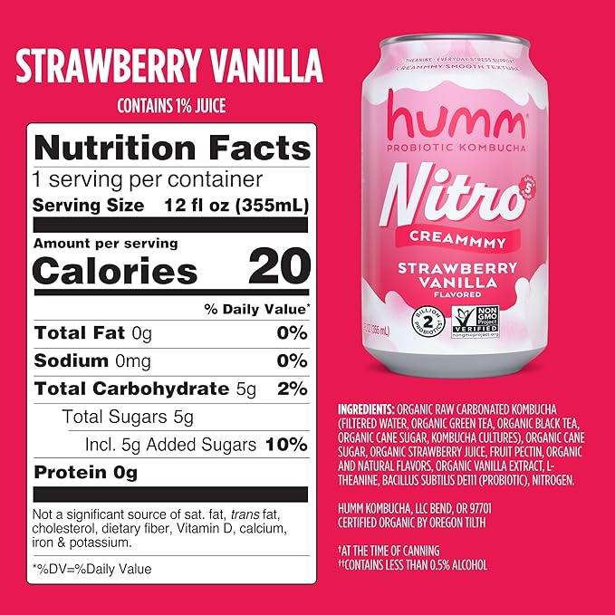Humm Nitro Kombucha Strawberry Vanilla Creamy Smooth Probiotic Drink with L-Theanine Non-GMO Vegan Gluten Free 12 fl oz (Pack of 24)
