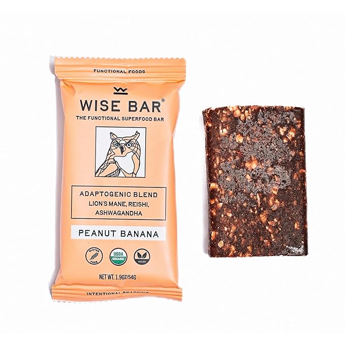 Wise Bar Adaptogen Mushroom Nutrition Bars with Reishi Lions Mane &amp Ashwagandha Organic Vegan &amp Gluten Free Snacks for Natural Focus Energy &amp Immunity Support Peanut Butter Banana 12