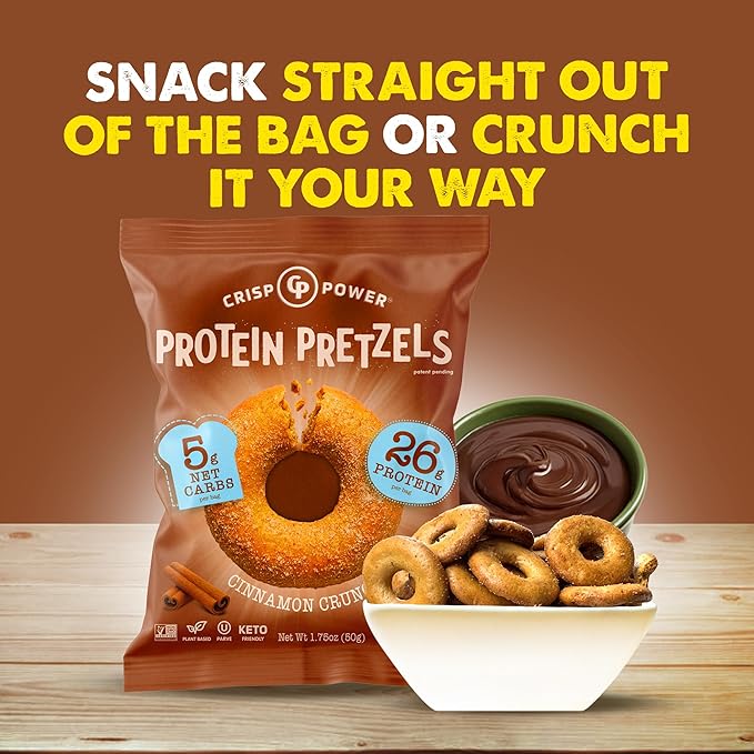 CRISP POWER Protein Pretzels NEW Cinnamon Crunch 26G Protein High Protein Snack High Fiber Low Carb Crunchy Pretzel Snacks No Added Sugar 1.75 oz Bags 6 Pack Vegan Keto