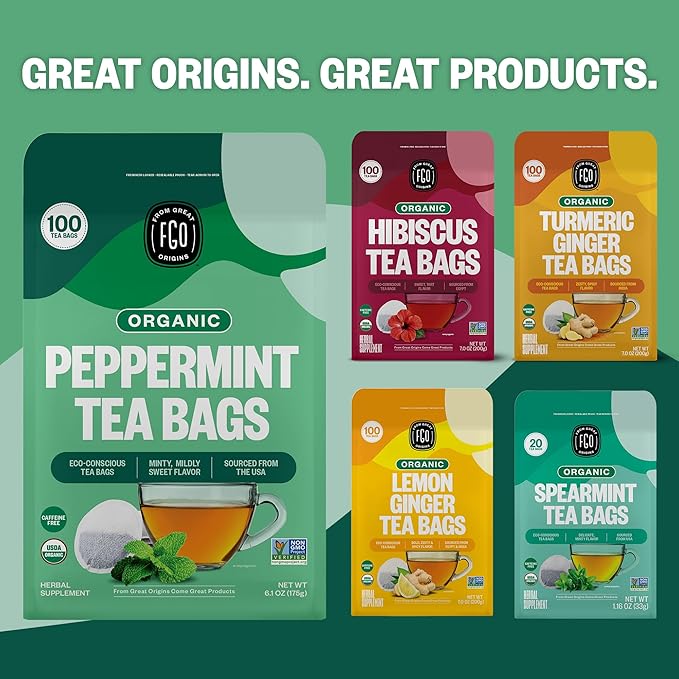 FGO Organic Peppermint Tea 100 Count Eco-Conscious Tea Bags Caffeine Free Packaging May Vary (Pack of 1)