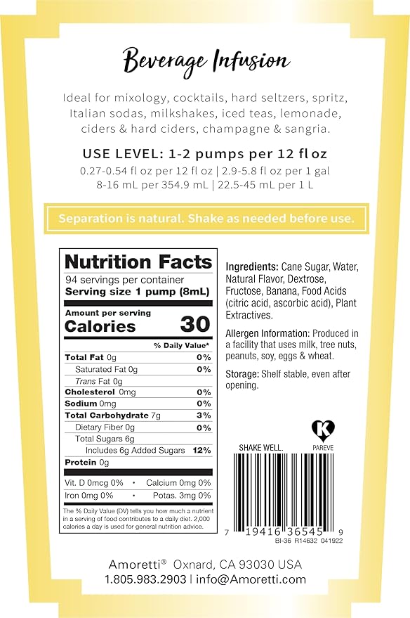 Amoretti - Spicy Banana Beverage Infusion 94 Servings Per Bottle (750 ml) - Drink Mix &amp Water Enhancer with Pump for Flavoring Cocktails Waters Teas and other Beverages Preservative Free